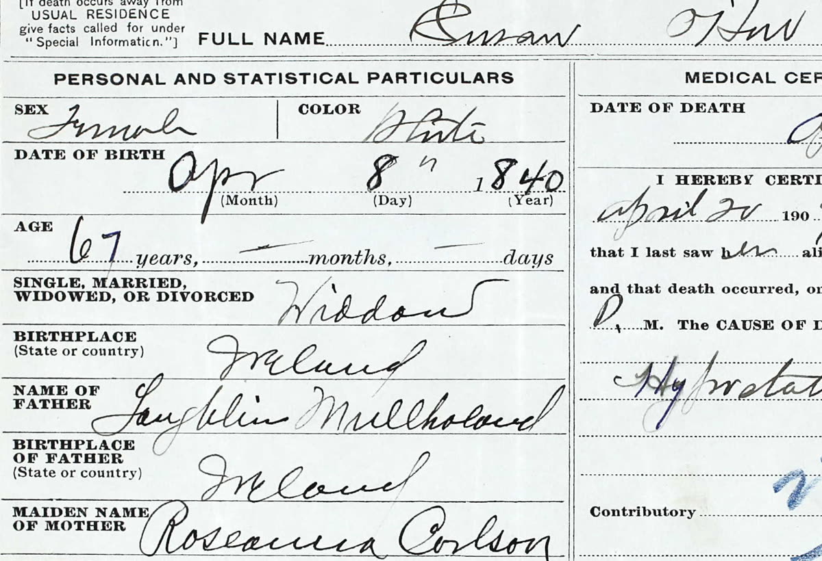 1907 Pennsylvania death certificate, handwritten: full name Susan O'Hara, born April 8, 1840, widow, born Ireland, father Laughlin Mullholand, mother Roseanna Corlson.