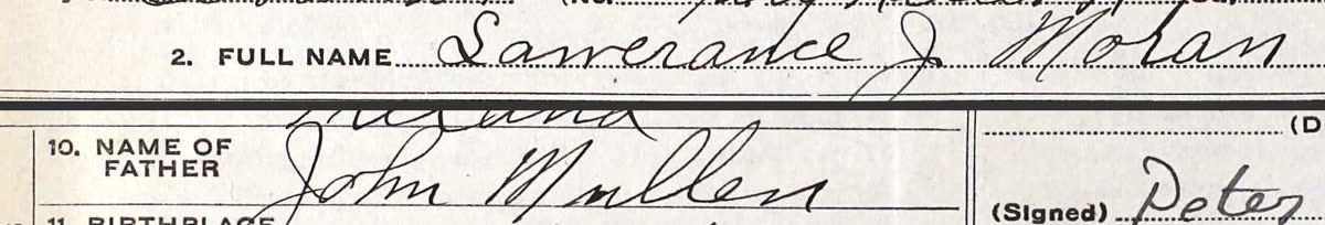 Two lines from a 1922 Pennsylvania death certificate: full name written Lawerance J Moran, and name of father written John Mullen.