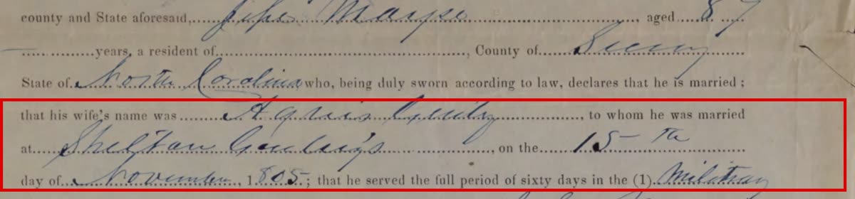 1871 War of 1812 pension declaration, printed form filled in by hand: Jesse Mayse, aged 87, of Surry County, North Carolina, wife's name Agnis Gentry, married at Shelton Gentry's on the 15th of November 1805. The marriage lines are boxed in red.