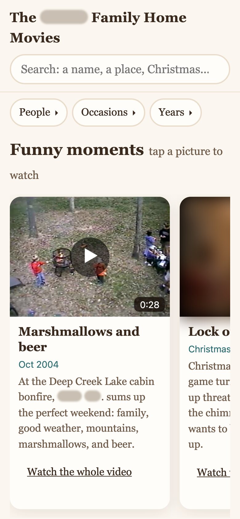 A family movie website's home page on a phone, with a search box and filters for people, occasions and years.