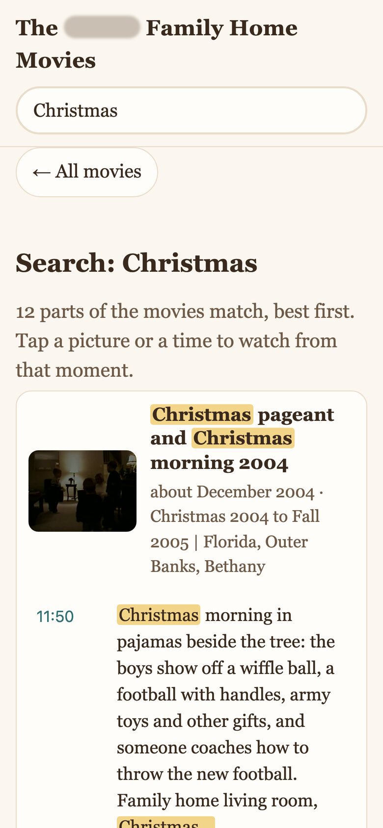 Searching "Christmas" finds 12 moments across the family's tapes, best match first, with the word highlighted.