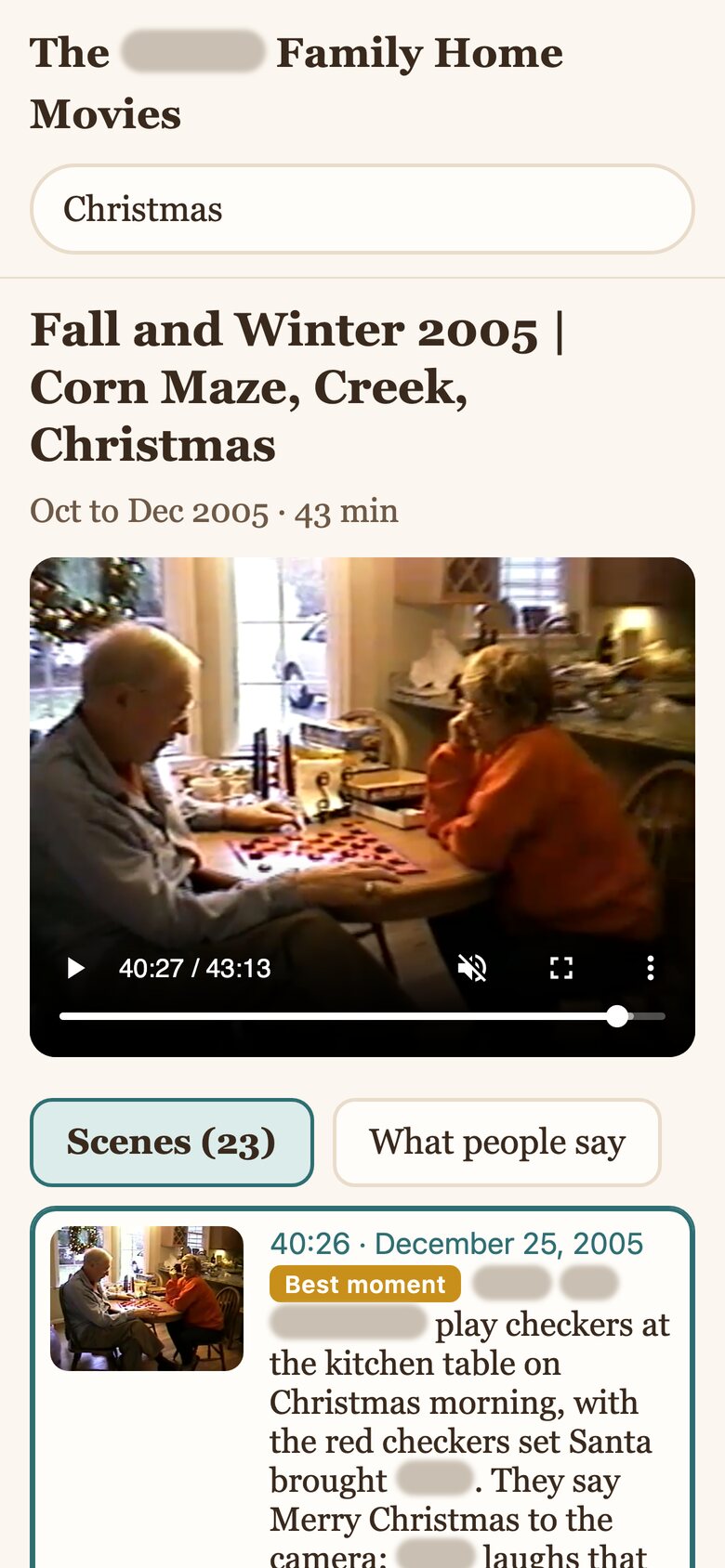 A Christmas 2005 tape playing at the exact moment, with the list of scenes below it.