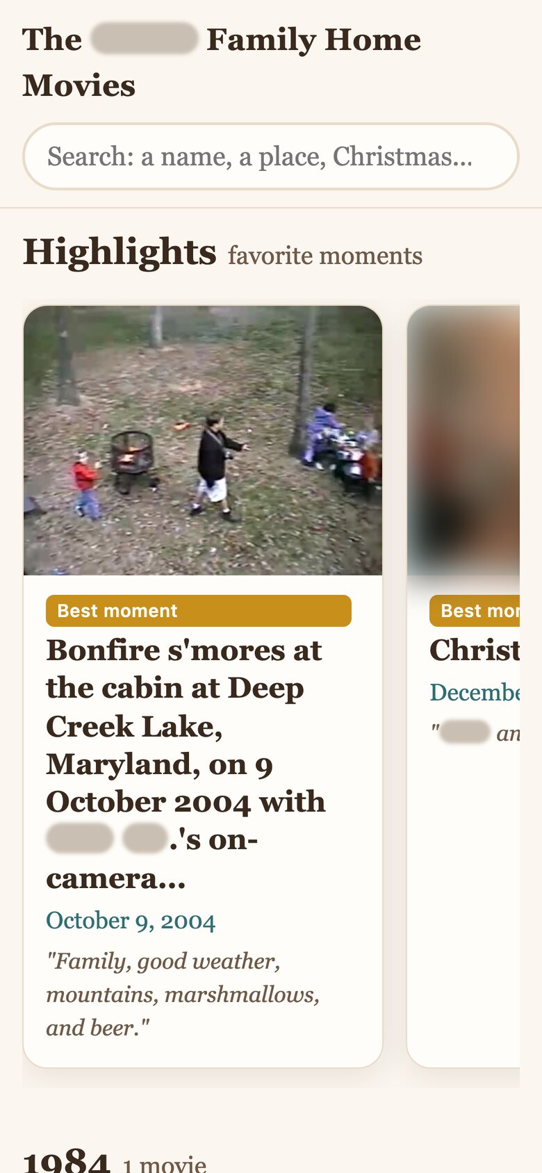 The highlights row of best moments, starting with a bonfire at a lake cabin in October 2004.